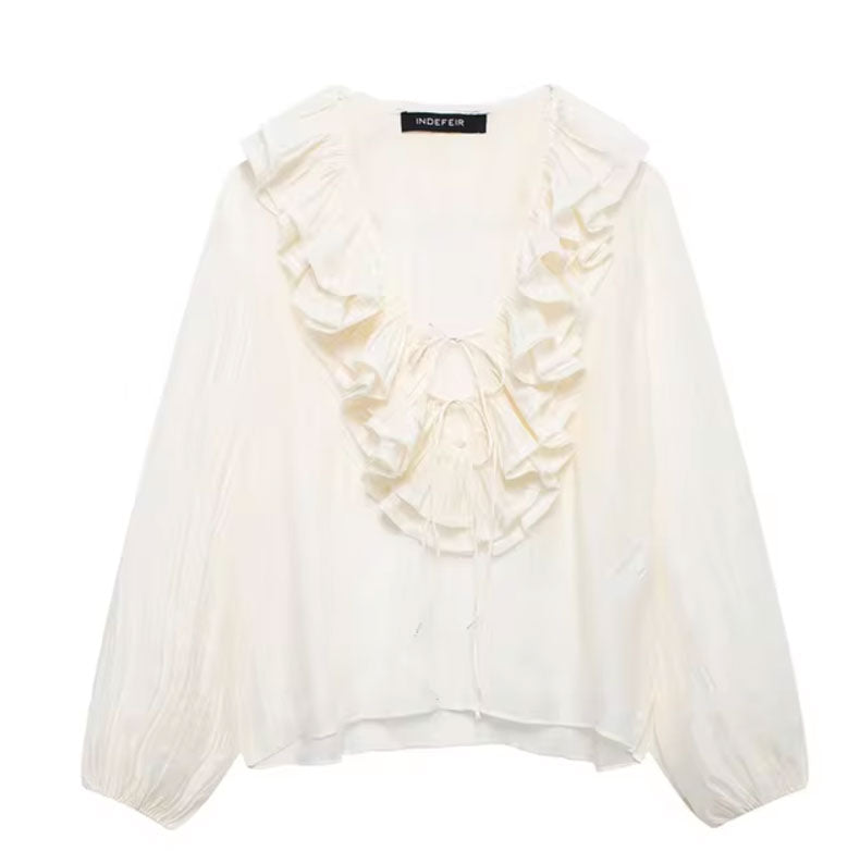 Elegant V-Neck Lantern Sleeve Blouse