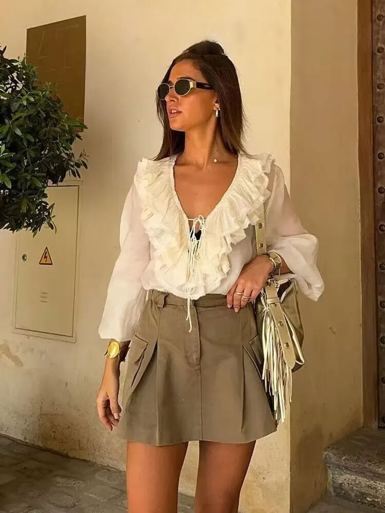 Elegant V-Neck Lantern Sleeve Blouse