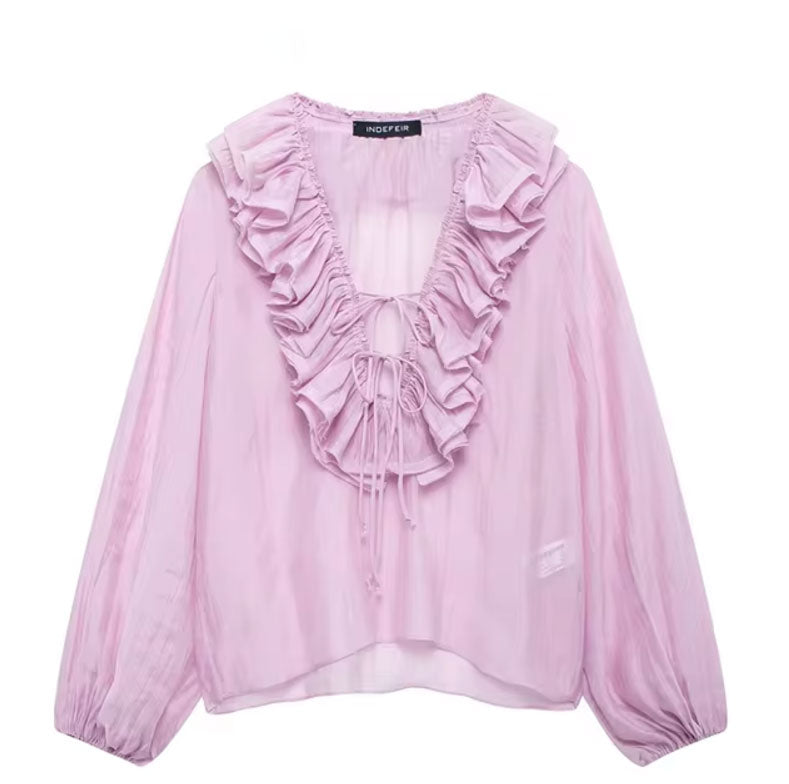 Elegant V-Neck Lantern Sleeve Blouse