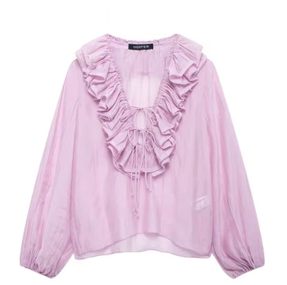 Elegant V-Neck Lantern Sleeve Blouse