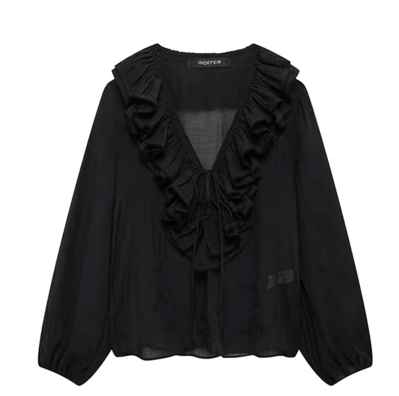 Elegant V-Neck Lantern Sleeve Blouse